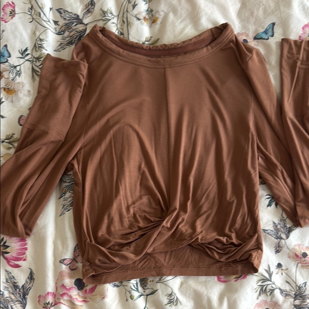 Aerie Brown 3/4 Sleeve Cut Out Tie Front Blouse
